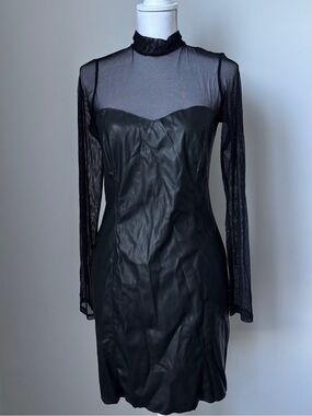 Forever 21 Black Faux Leather & Sheer Mesh Long Sleeve Bodycon Dress